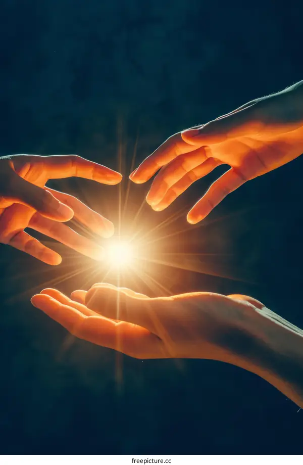 Two People Reaching Out to Touch a Glowing Light