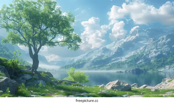 Mountain Landscape with Lake and Trees