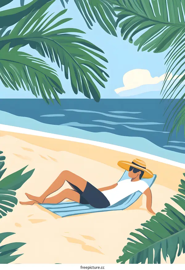 Man Relaxing on Beach with Palm Trees