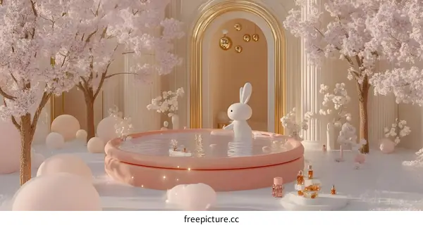 Cute White Rabbit in a Pink Bath with Cherry Blossom Trees