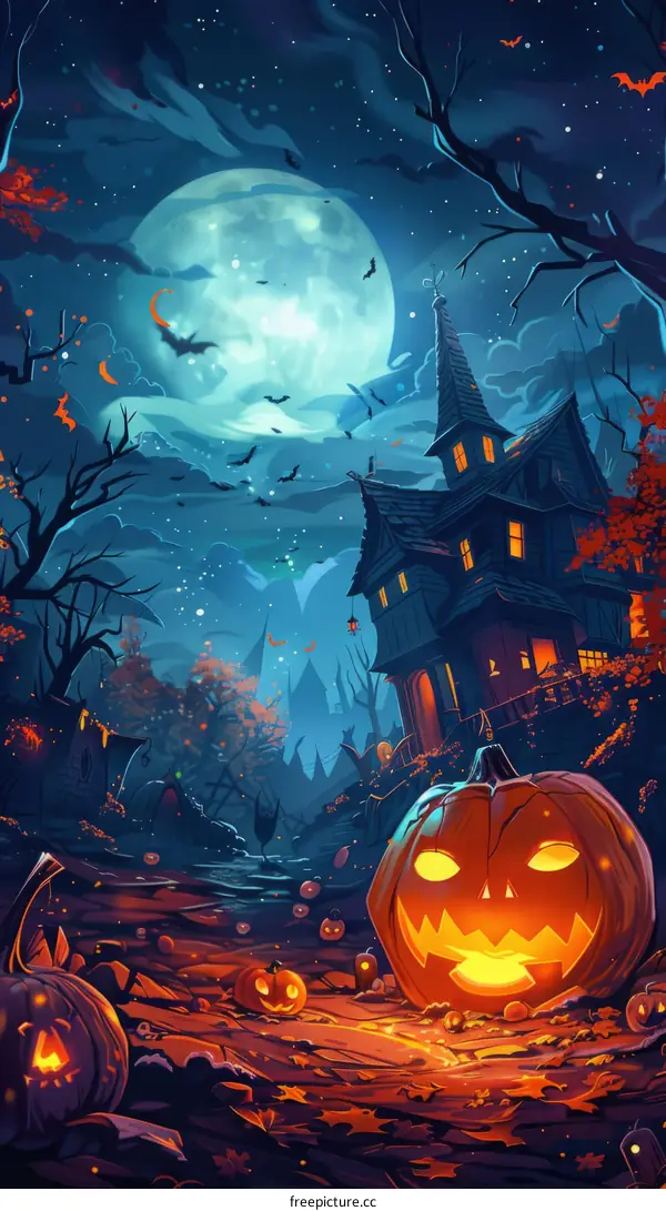 A spooky Halloween night with a haunted house and jack-o'-lanterns