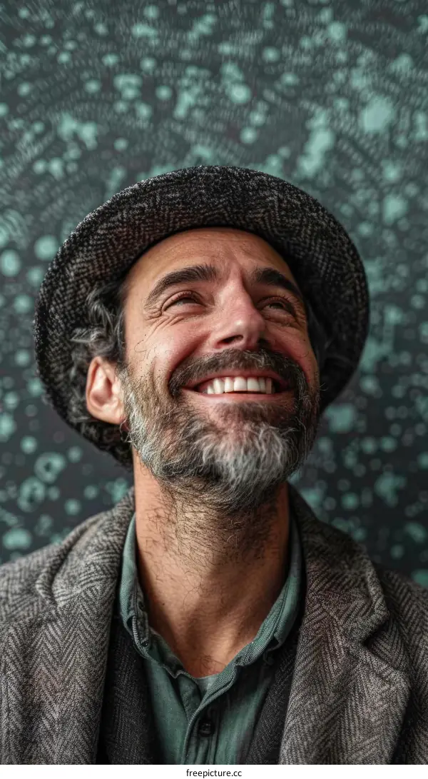 Smiling Man in Hat Against Abstract Background
