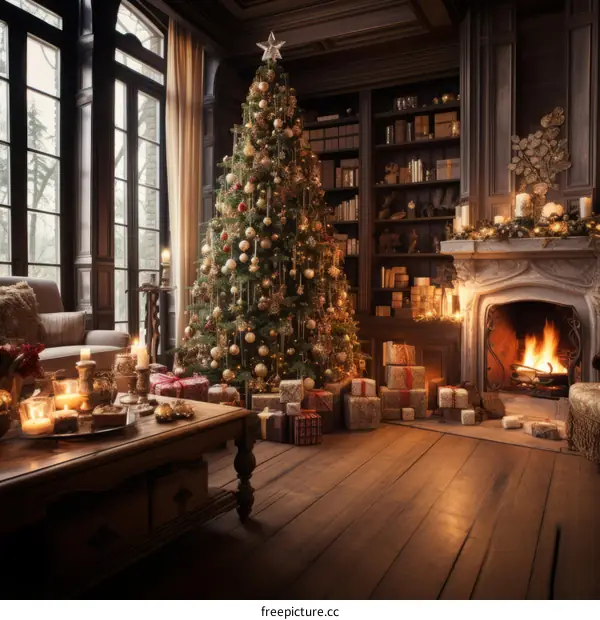 Ornate Christmas tree in a cozy living room with a fireplace