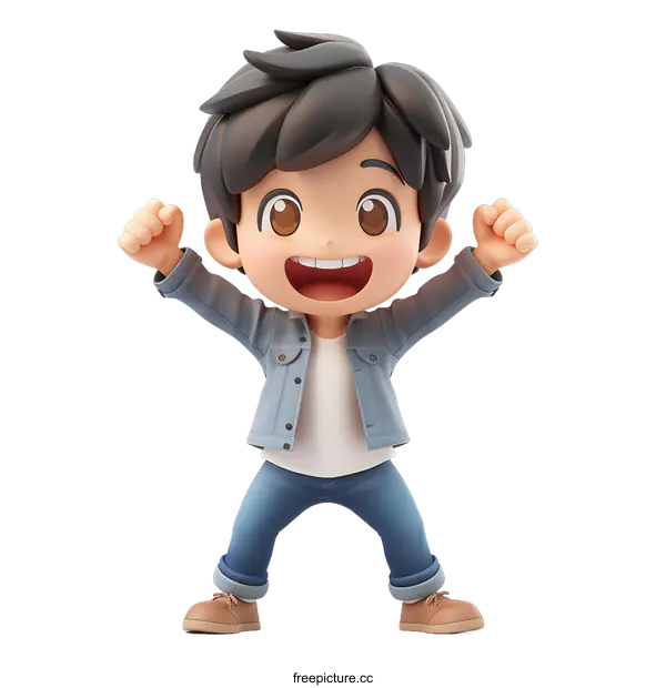 [Transparent Background PNG]Cute Cartoon Boy Raising Hands in Cheerful Pose