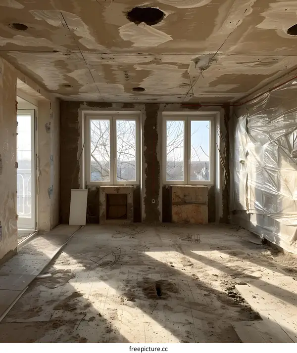unfinished house interior with two windows
