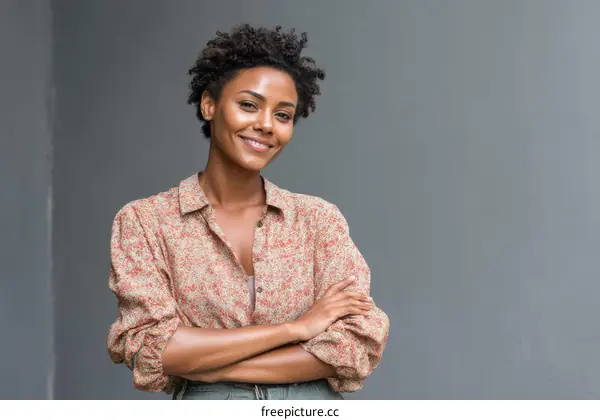 Confident Woman in a Floral Top Against a Grey Background