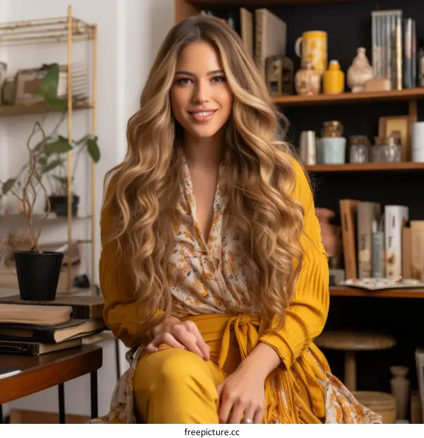Portrait of a beautiful young woman with long blond hair smiling and sitting in a home office