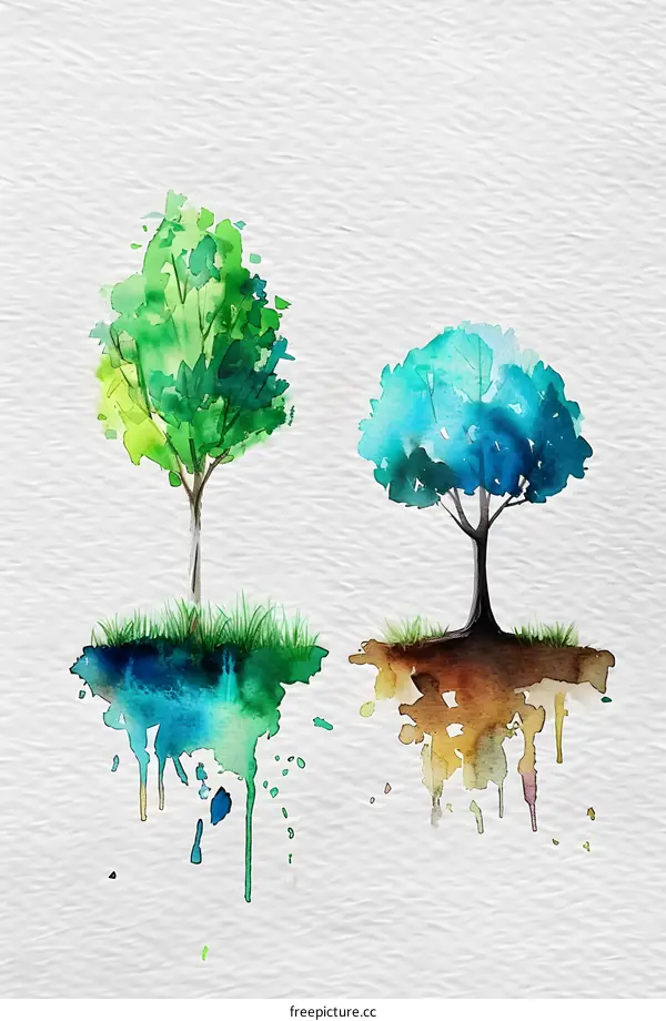 Watercolor painting two trees different colors