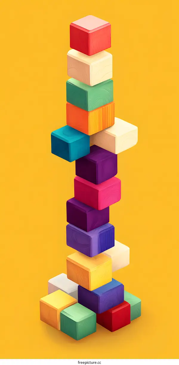 Colorful Wooden Blocks Stacked on a Yellow Background