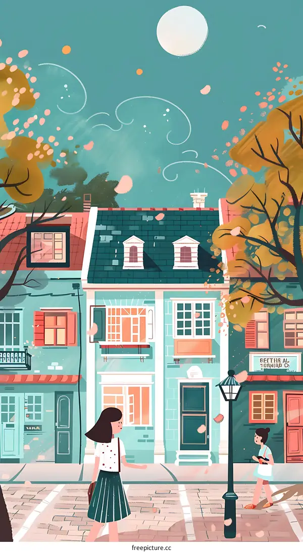 Two Girls Walking on the Street with Falling Flowers in a City