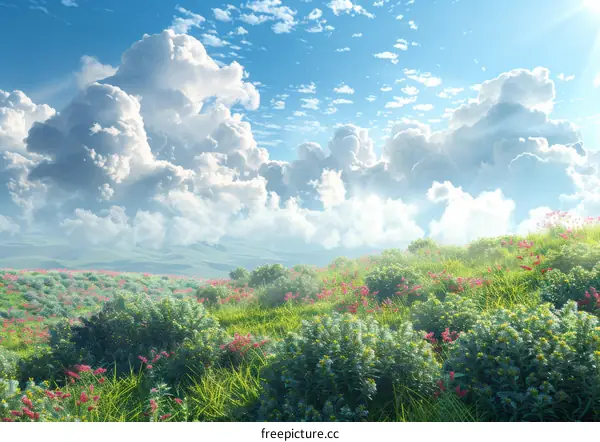 Sky, Hills, Grassland, Flowers, and Sunshine