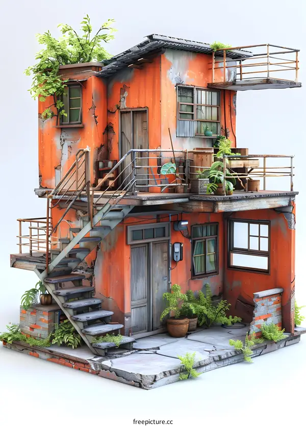 A rundown two-story house with a rusty corrugated metal roof