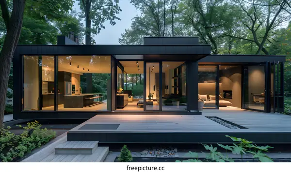 Modern Black House with Large Windows and Wooden Deck