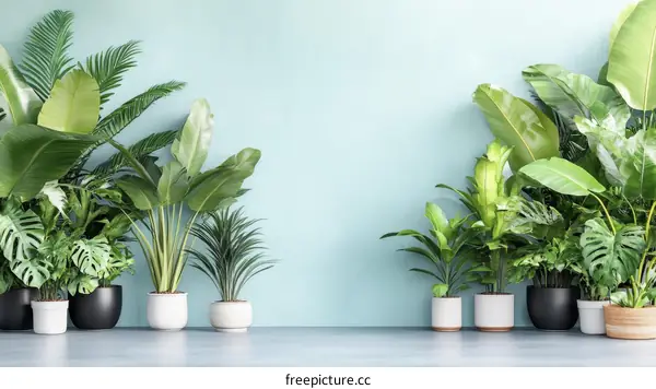 Stylish Indoor Plants Arrangement Against a Mint Green Wall