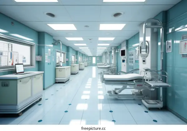 Hospital hallway with empty beds and medical equipment