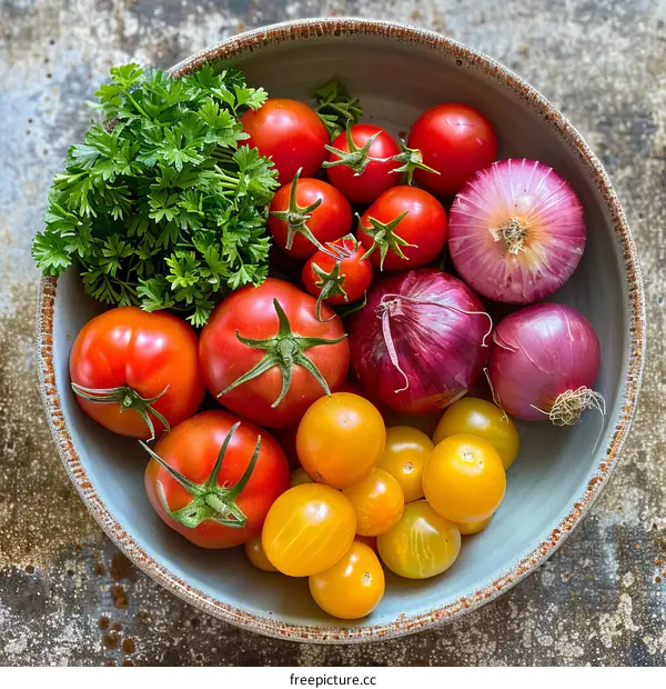 Fresh and Colorful Bowl of Tomatoes, Onions, and Parsley