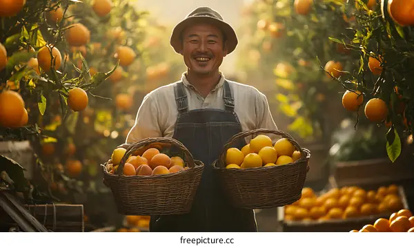 Happy Asian Farmer with Fresh Citrus Fruits