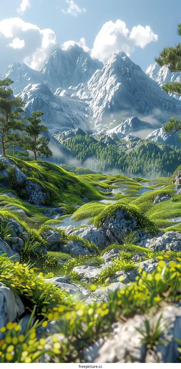 Green Hills and Mountains with Fog and Mist