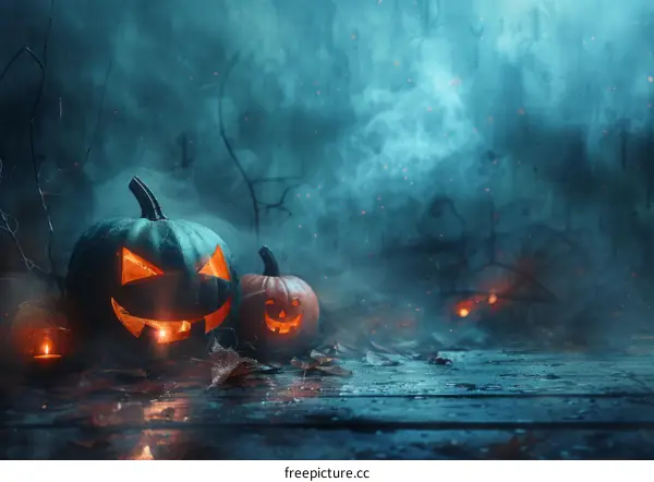 Two spooky pumpkins sit on a wooden table in a dark forest at night