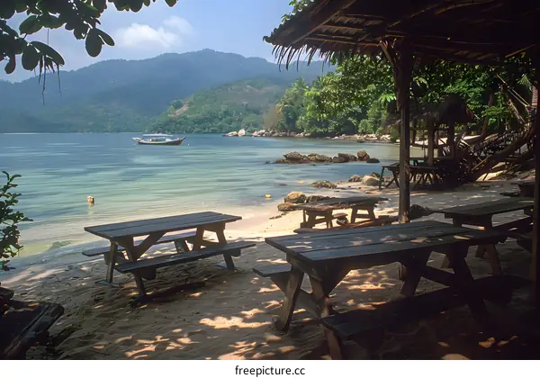 Beach picnic area with wooden tables and a boat on the water