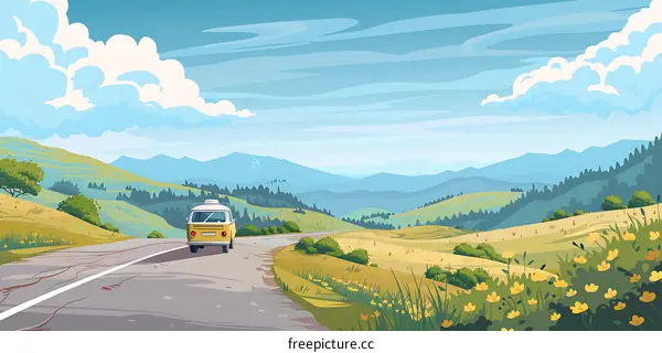 Yellow Van Drives Through Mountain Landscape