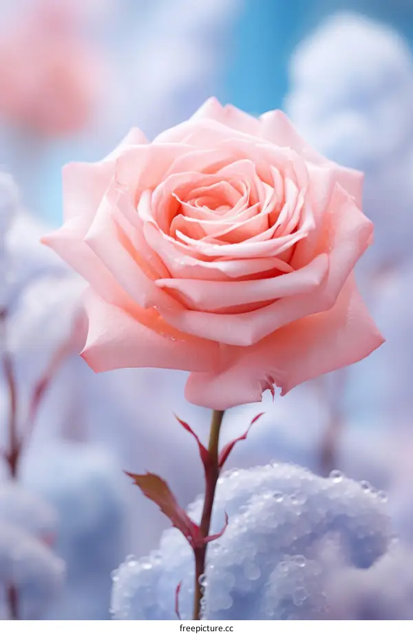 A single pink rose in the snow