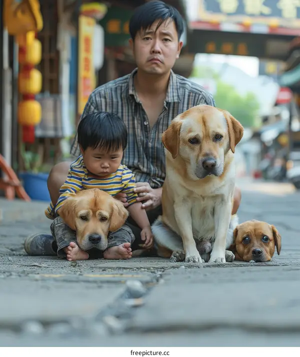 A man and his two dogs looking at another dog