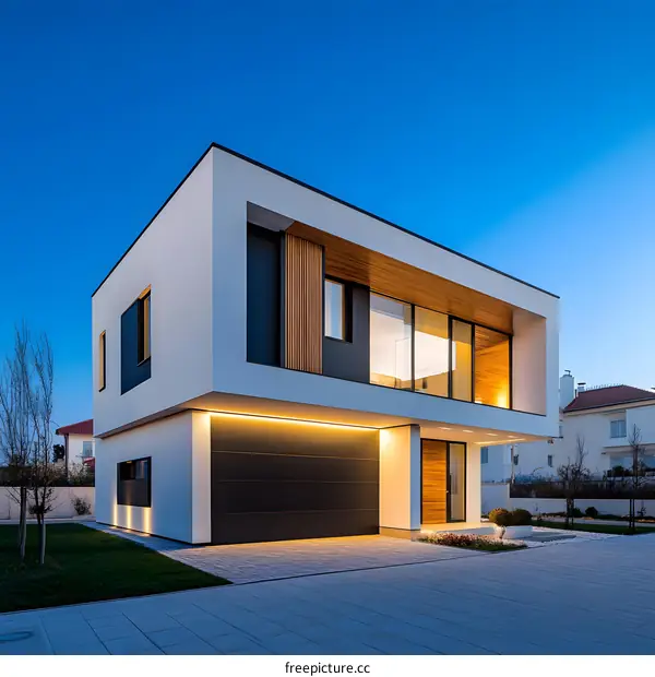Modern White House with Wooden Accents at Dusk