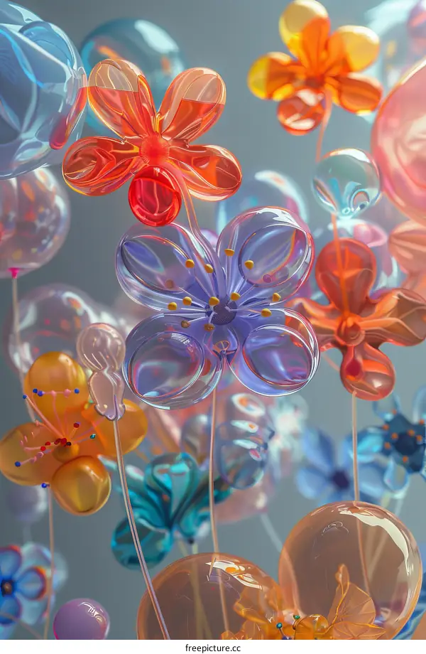 3D rendered image of colorful glass flowers