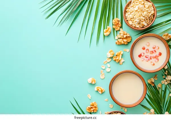 Healthy Breakfast with Oat Milk, Walnuts, and Pomegranate