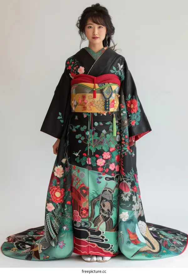 A woman wearing a black kimono with red and green floral patterns.