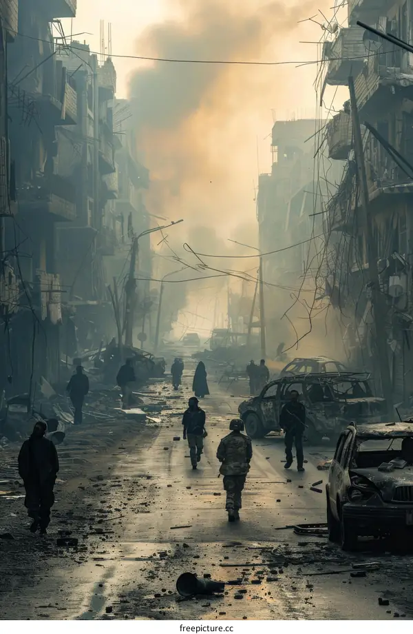 People walking through a destroyed city street