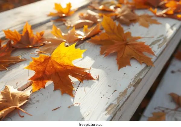 Fallen leaves on a wooden bench in autumn