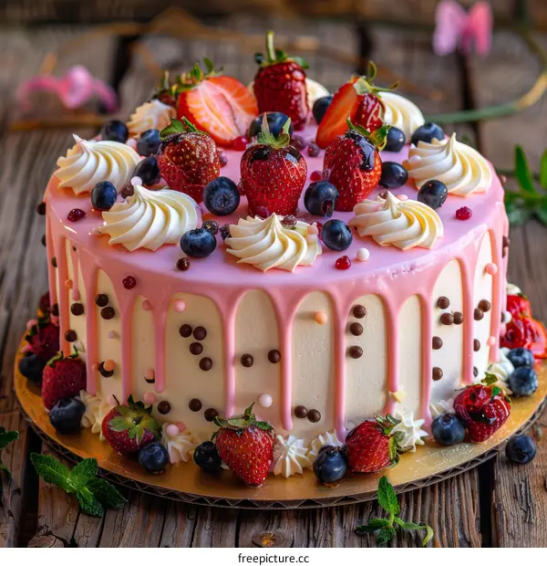 Festive Pink, Purple, and White Cake Dripping with Ganache and Berries