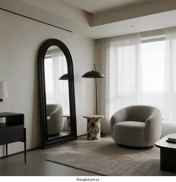 Modern minimalist living room with large black mirror and armchair