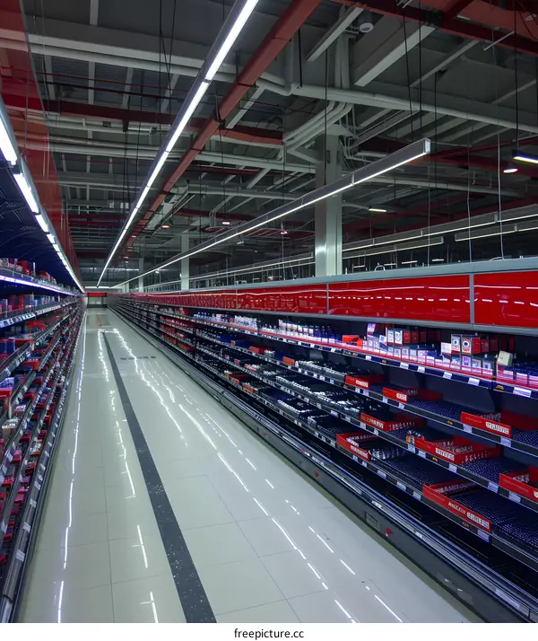 Empty Supermarket Aisle with Red Shelves and Bright Lights