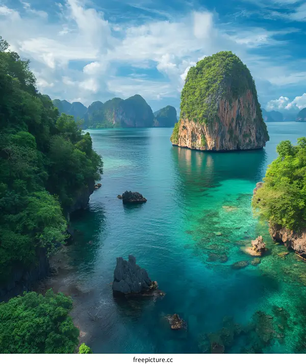 Aerial View of Lush Green Island in Crystal Clear Blue Water