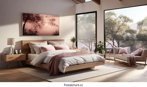 A relaxing bedroom with a large bed and a pink blanket