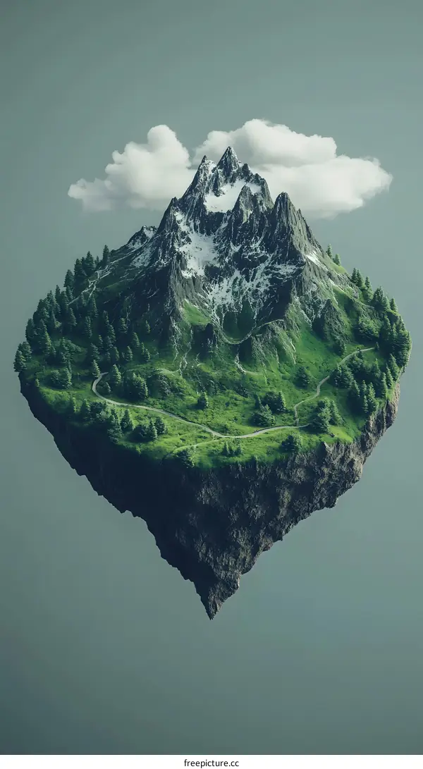 Floating Mountain Landscape With Green Trees And A Cloudy Sky