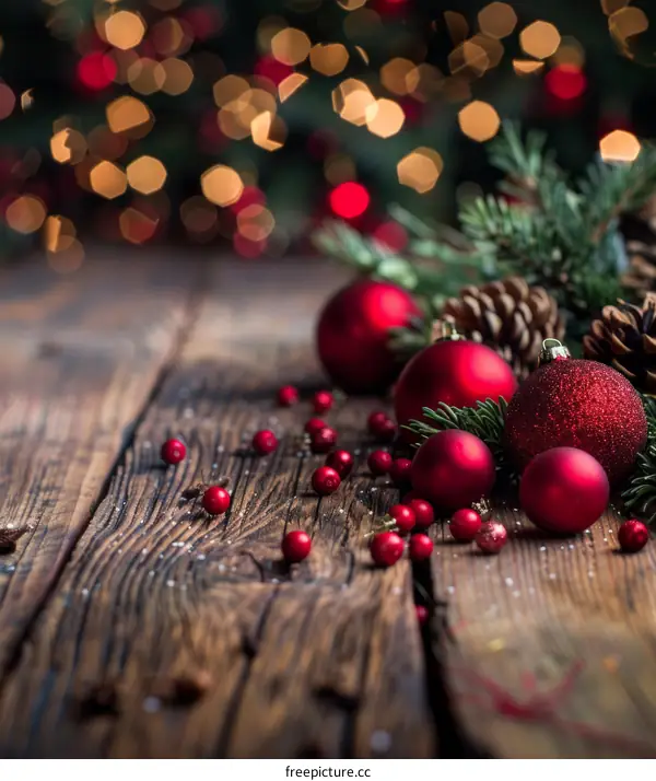 Red and Green Christmas Tree Ornaments on a Wood Table with Decorations