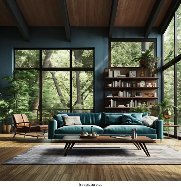 A mid-century modern living room with a large windows