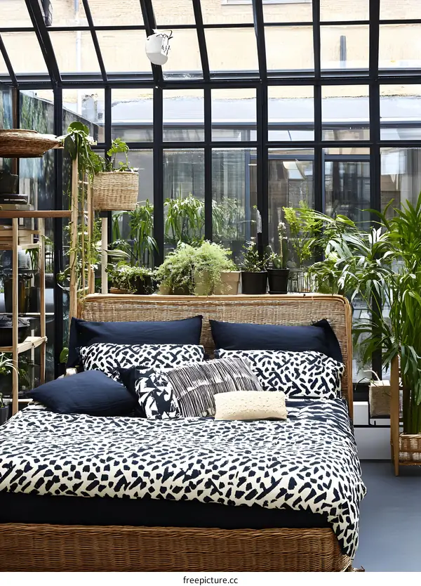 Black and White Bedding in a Green House