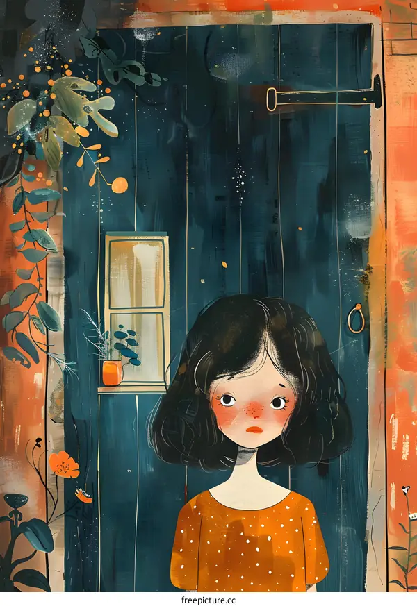 A girl with short hair standing in front of a blue door