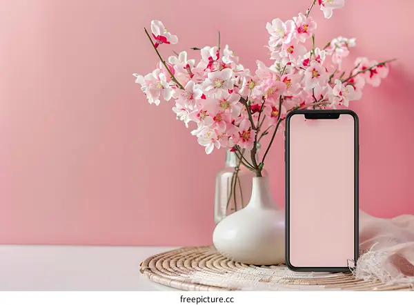 Pink Flowers and Smartphone on Table