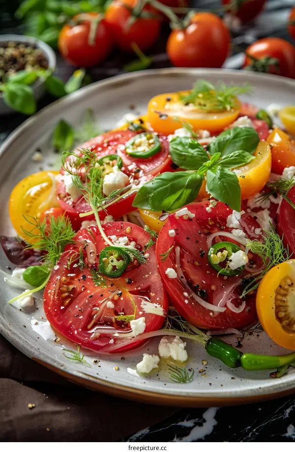 Heirloom tomatoes with burrata, basil, and chili