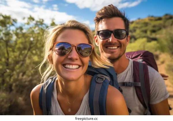 Happy couple hiking in the mountains