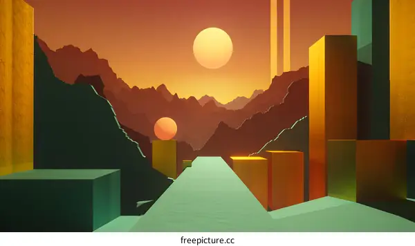 Abstract Minimalist Sunset Landscape with Geometric Shapes