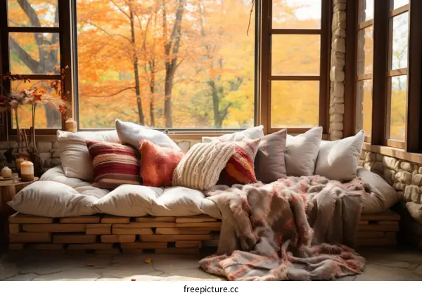 A cozy living space with a large window looking out onto a beautiful fall landscape