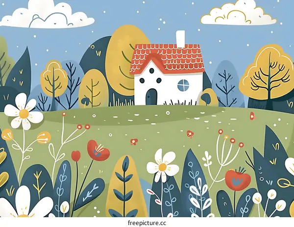 Cute Illustration of a Small House in a Meadow