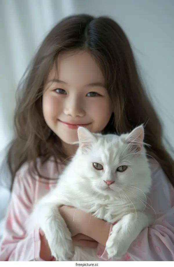 An adorable little Asian girl is hugging a white cat
